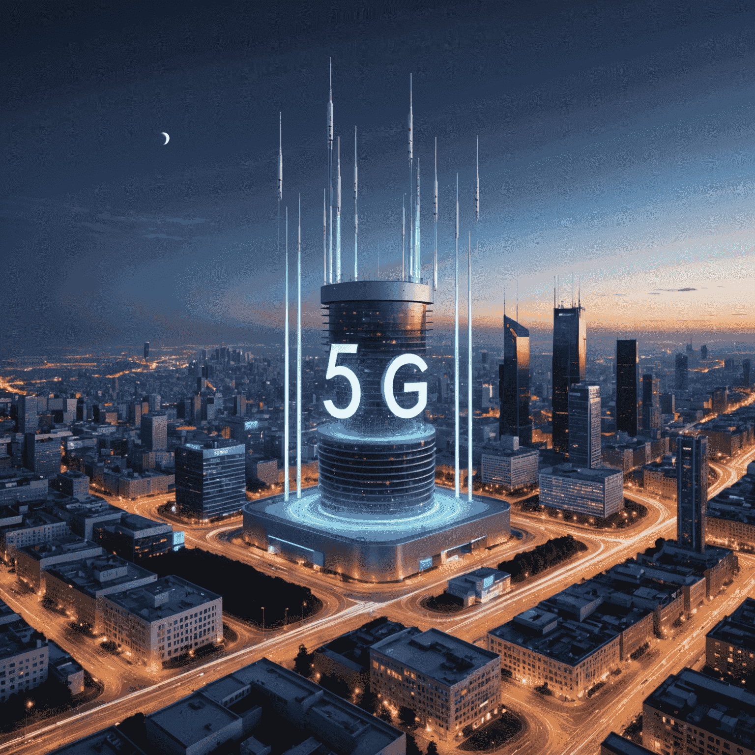 صورة توضيحية لتقنية الجيل الخامس 5G مع هوائيات وأجهزة اتصال متطورة