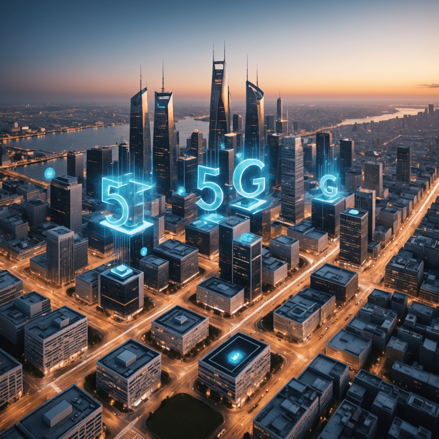 صورة توضيحية لتقنية الجيل الخامس 5G تظهر شبكة اتصالات متطورة تربط بين الأجهزة المحمولة والأبراج في مدينة حديثة