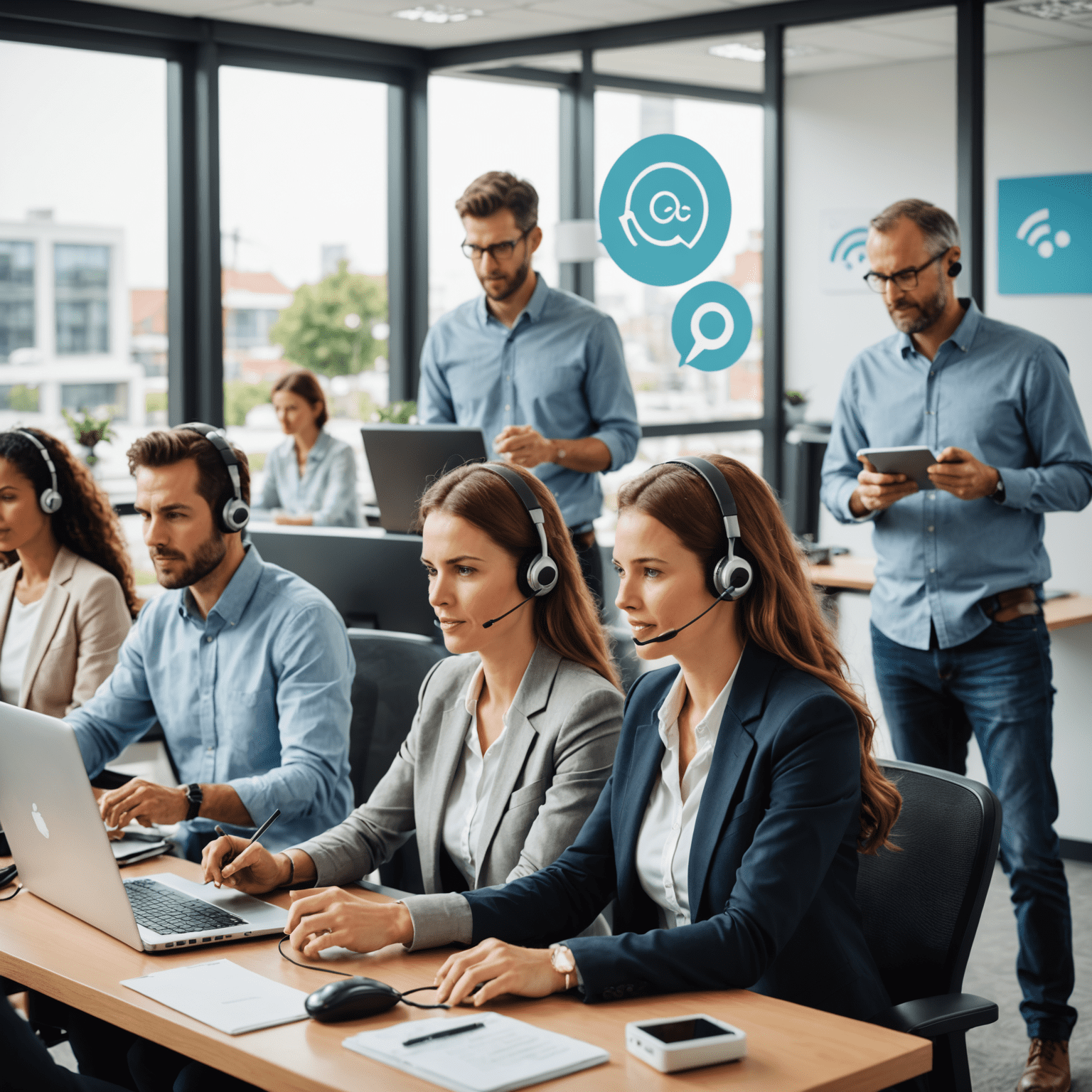 صورة توضيحية لخدمات الاتصال عبر بروتوكول الإنترنت (VoIP) تظهر أشخاصًا يستخدمون أجهزة مختلفة للاتصال