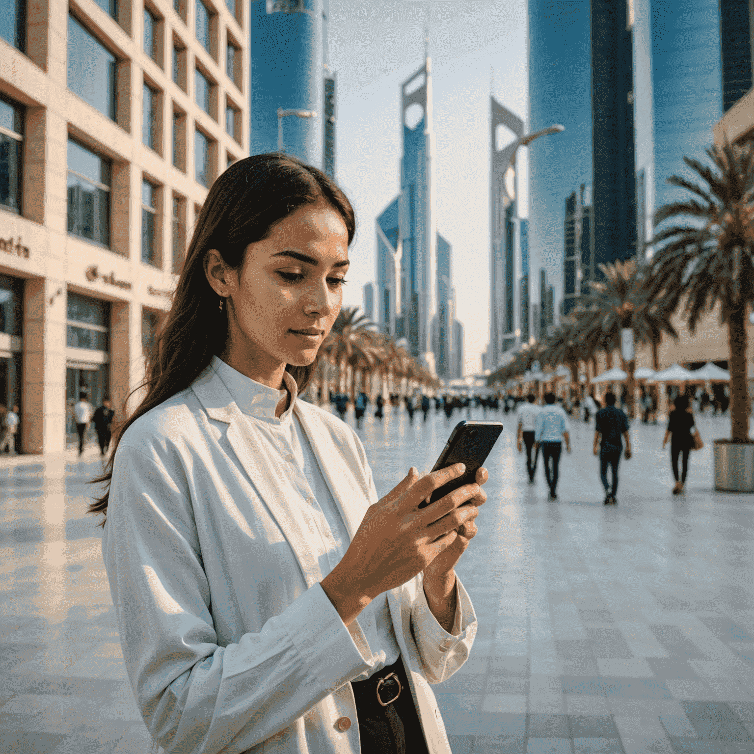صورة توضيحية لشخص يستخدم هاتفًا ذكيًا للوصول إلى الإنترنت عبر شبكة 5G في وسط مدينة أبوظبي الحديثة